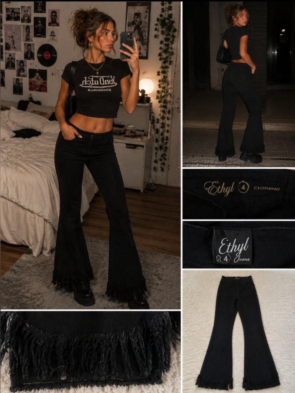Ethyl Black Fringe Hem Flare Jeans Size 4 NWT